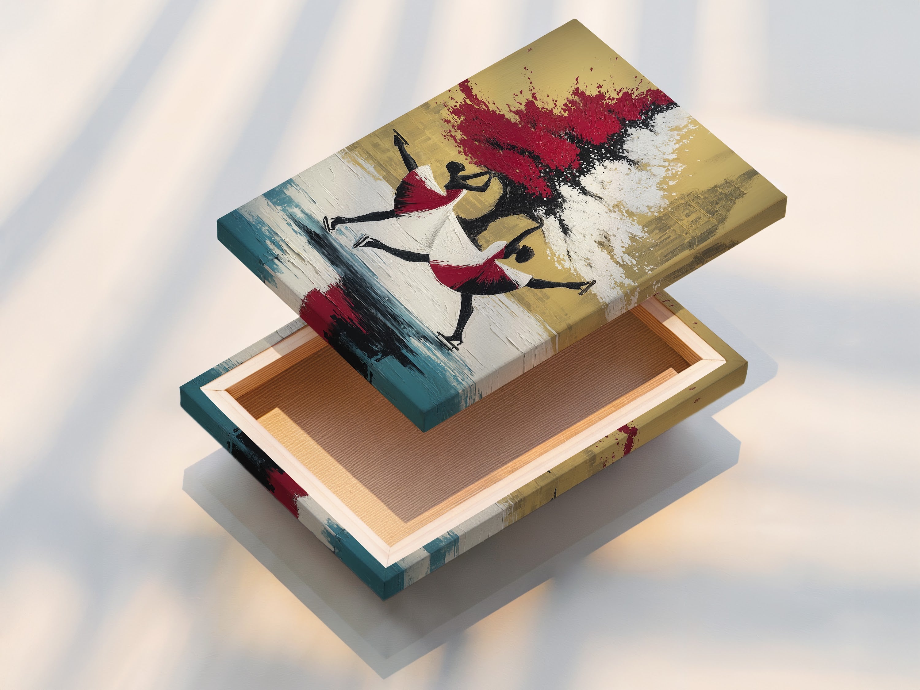 Stretched canvas print featuring ballet dancers. This modern artwork is ready to hang. The canvas is stretched to perfection. It offers a clean and contemporary look. Perfect for adding a touch of elegance to any room. Enjoy high-quality art.