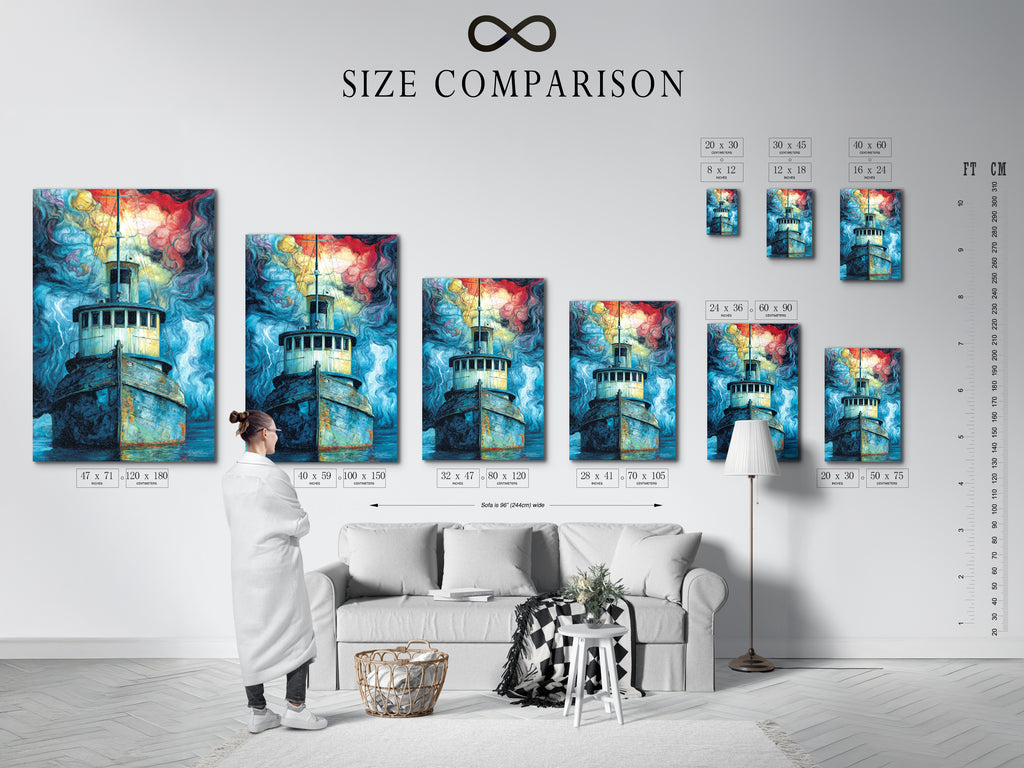 A size comparison chart featuring the Fishing Boat artwork in an interior setting. Visualize how the nautical canvas print fits in your space. See the impact of the stormy seascape painting. This boat wall art enhances the room's decor. The chart helps you choose the perfect size for your needs. The art is great for any room.