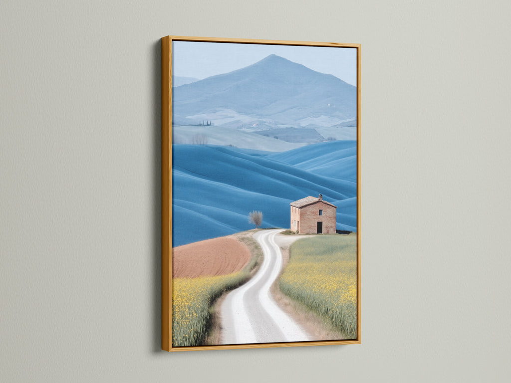 Tuscan Landscape artwork in a gold frame. This art print brings a touch of elegance to your home decor. The gold frame enhances the farmhouse scenery. This landscape canvas creates a luxurious feel. Ideal for those who appreciate fine art and rustic wall art.