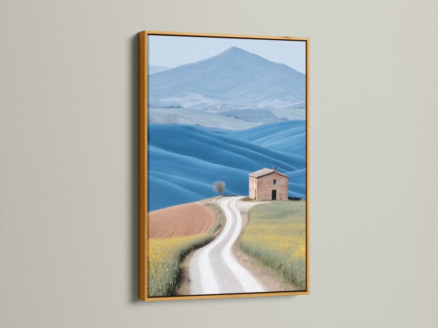 Tuscan Landscape artwork in a gold frame. This art print brings a touch of elegance to your home decor. The gold frame enhances the farmhouse scenery. This landscape canvas creates a luxurious feel. Ideal for those who appreciate fine art and rustic wall art.