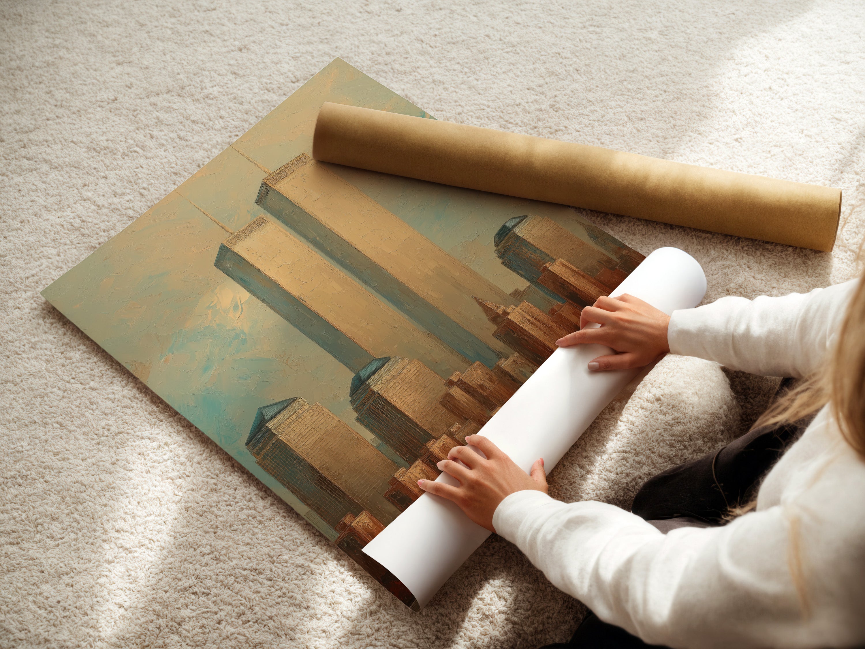 A woman carefully rolling a fine art poster paper. The paper displays a vintage Manhattan cityscape with the NYC Skyline and Twin Towers. High-quality print ensures the artwork's longevity. Ideal for collectors and art enthusiasts.