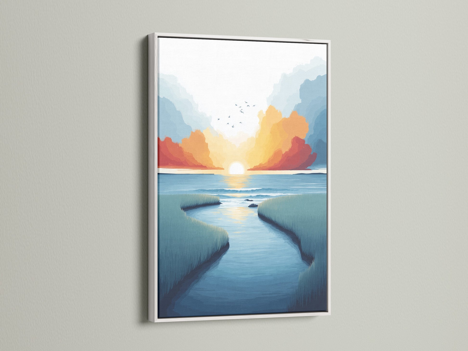 Coastal marsh canvas print in a white frame. This modern print features a beautiful sunset seascape. The teal and coral artwork adds a serene touch to any space. Ideal for creating a calming atmosphere in your home or office wall art.
