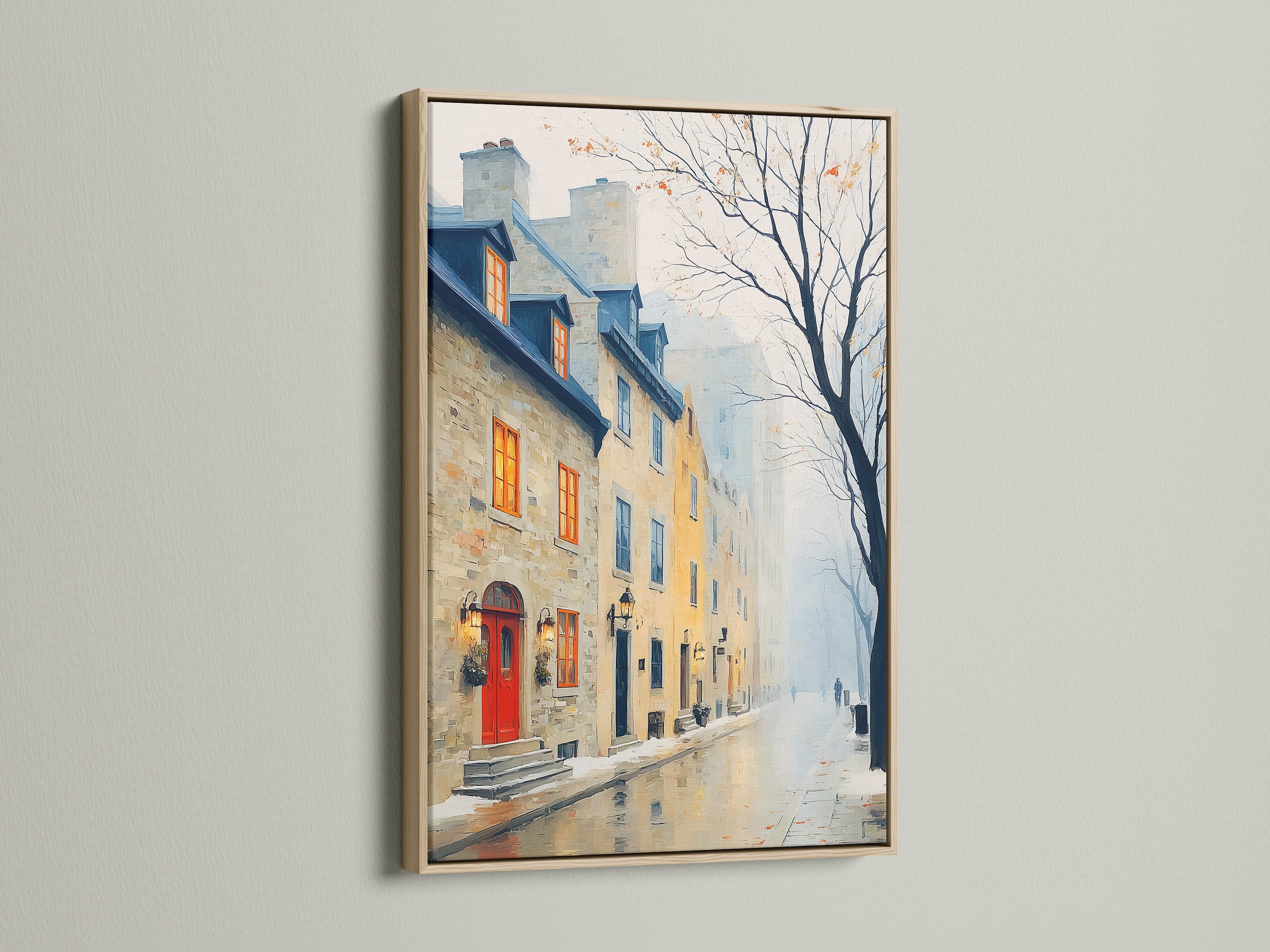 This oak frame highlights a vintage European cityscape art print. The artwork showcases a foggy street scene with classic buildings. It enhances study room decor or complements living room art. Bring antique style to your home with this urban landscape.