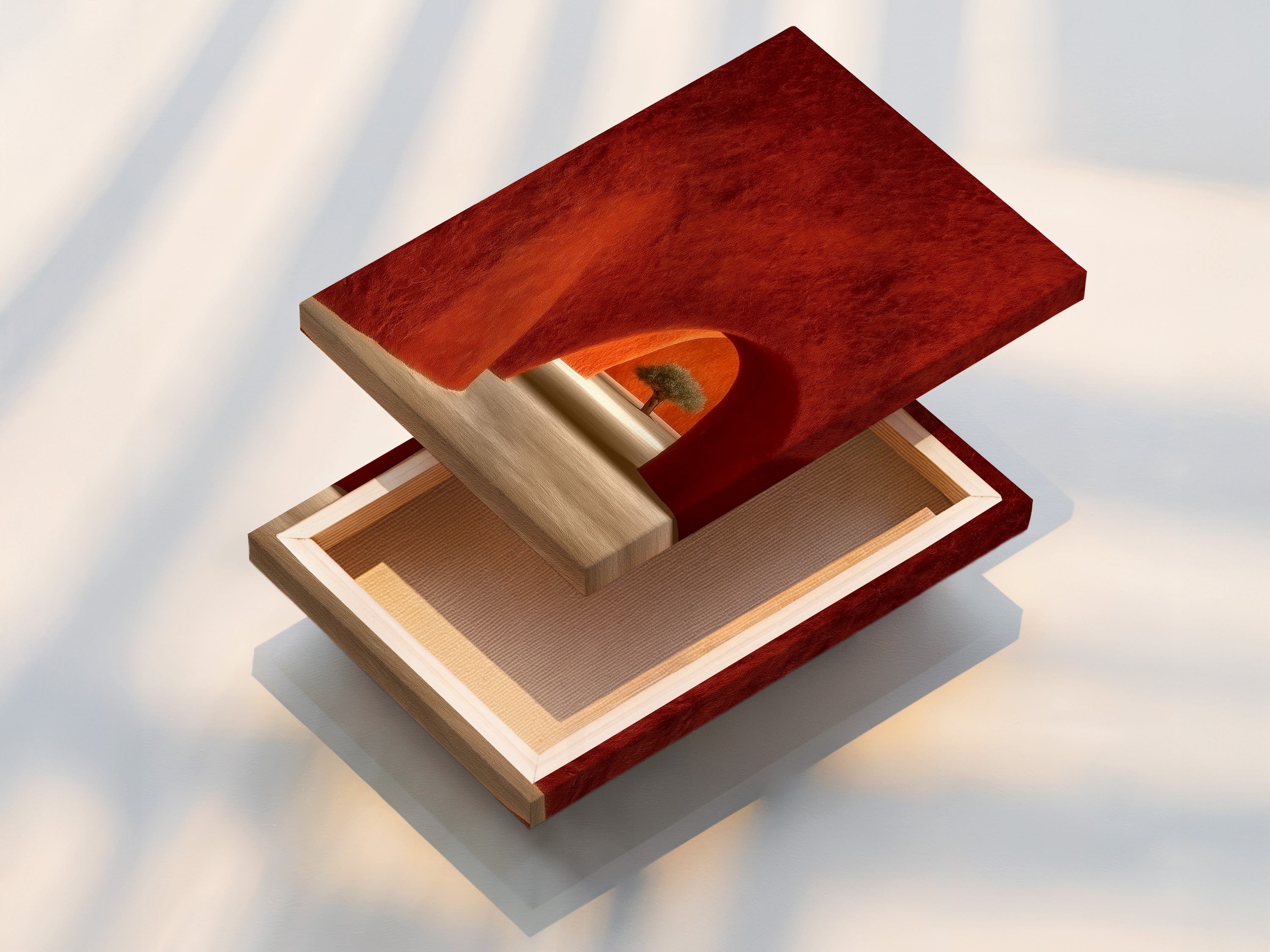 Stretched canvas print of desert architecture artwork. The terracotta adobe arches wall art is beautifully displayed. It enhances Southwestern minimalist decor for bedrooms. Ready to hang and enjoy in your home.