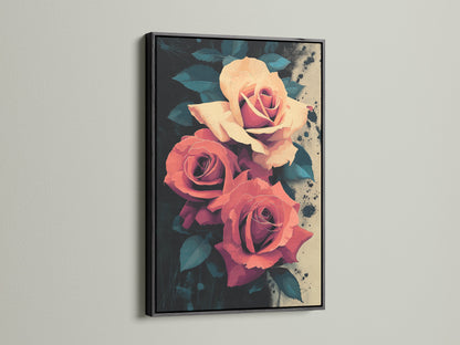 Elevate your space with our Rose Canvas Print. This artwork features peach and coral roses in a black frame. Discover framed flower artwork. The bold black frame makes a statement. Ideal for adding a touch of botanical beauty to any room