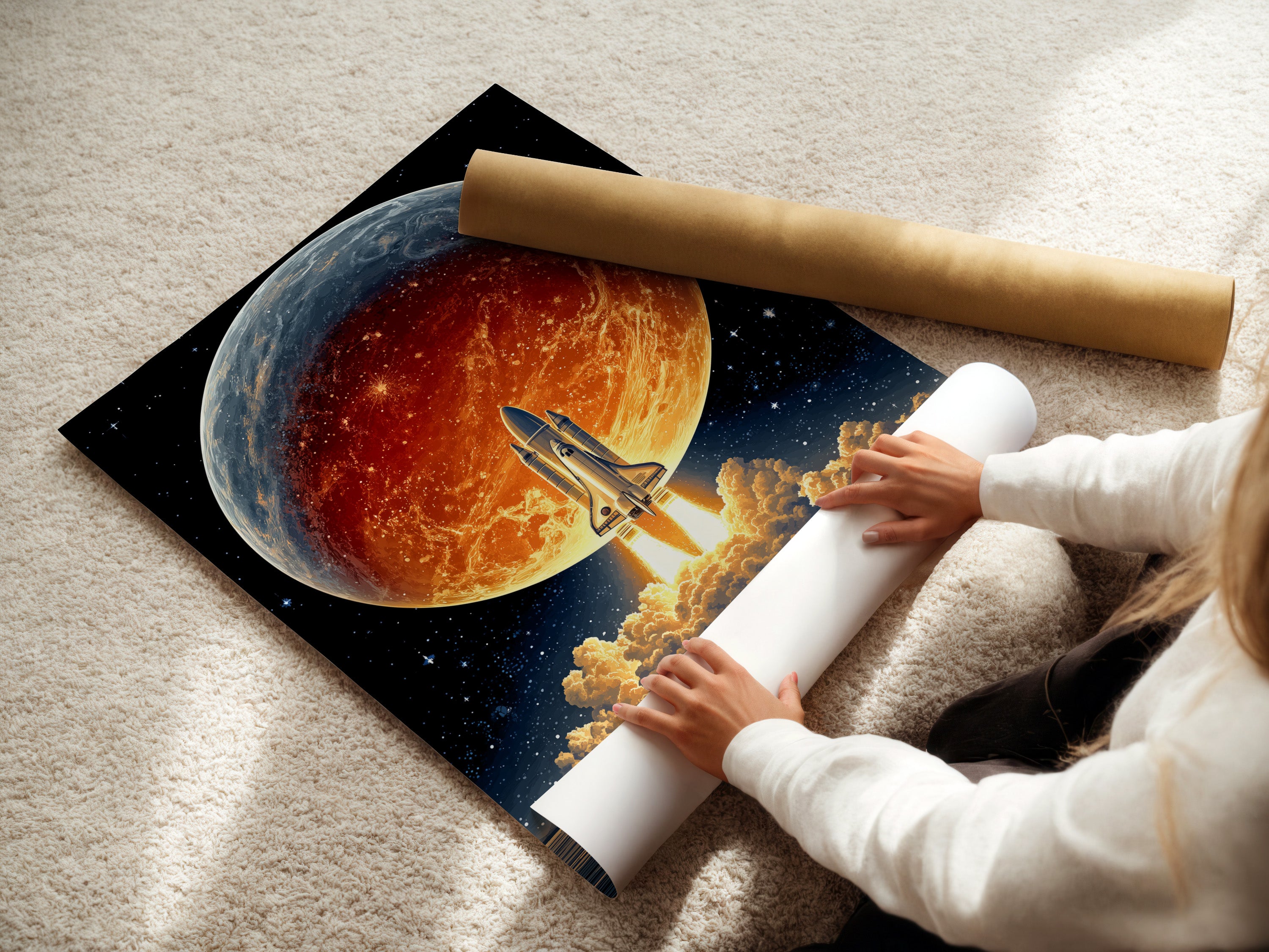 This image shows a woman carefully rolling a fine art poster paper. The paper features a space shuttle launch artwork. This retro space poster is perfect for adding to your collection. The fine art quality ensures a stunning and lasting display of cosmic wall art.