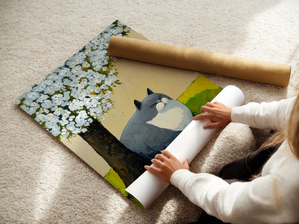 A woman is carefully rolling a fine art poster paper featuring a cat under a tree. This showcases the care in handling the animal canvas print. The spring blossom artwork adds a touch of nature to any space. Perfect for cat lovers seeking unique wall art.