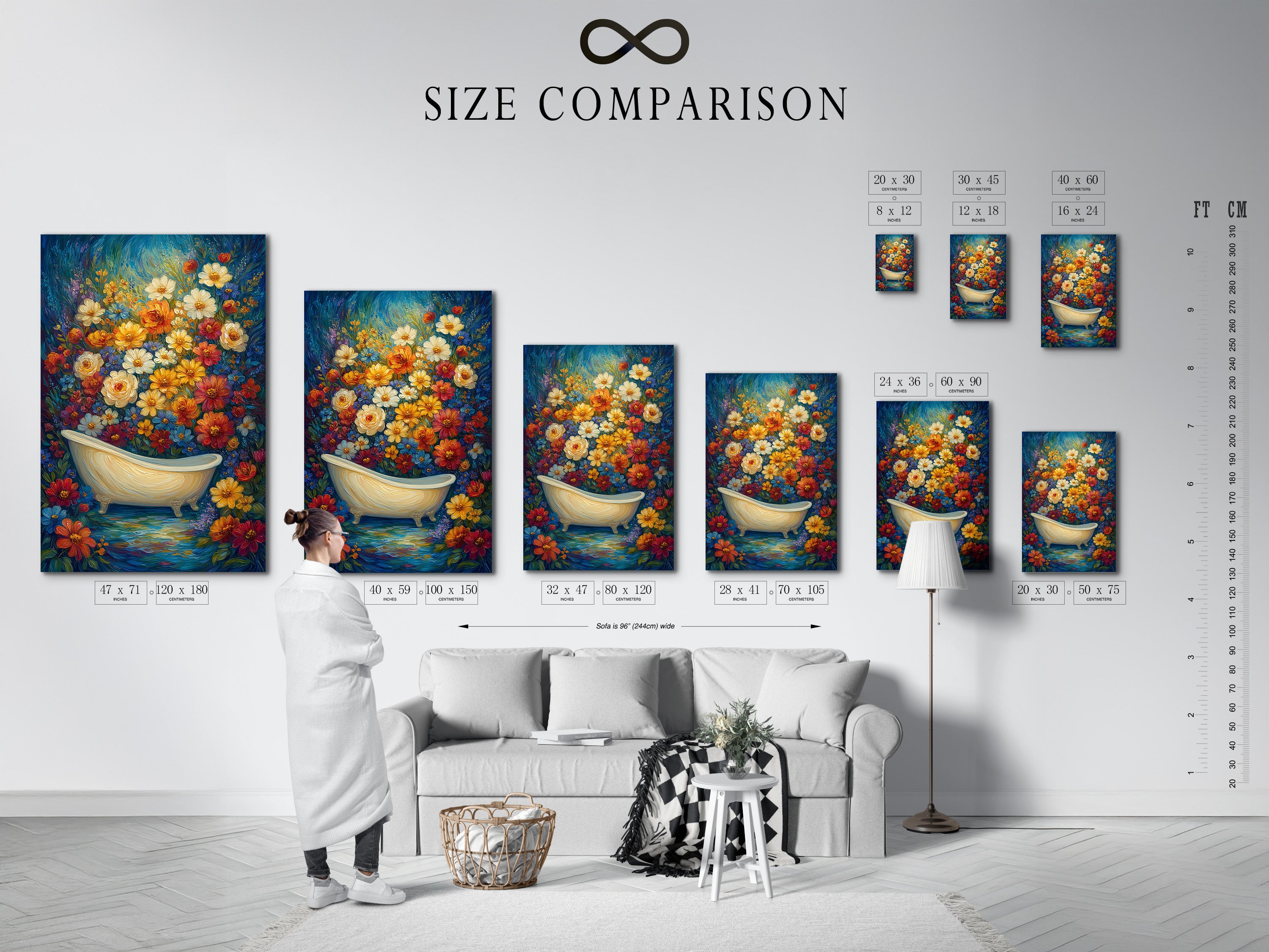 A size comparison chart is displayed in an interior setting. The chart showcases various sizes of the floral bathtub artwork. This botanical print is perfect for bathroom decor. It helps visualize how the artwork will fit in your space. It brings a bohemian and eclectic style. The primary color is blue. The secondary color is yellow.