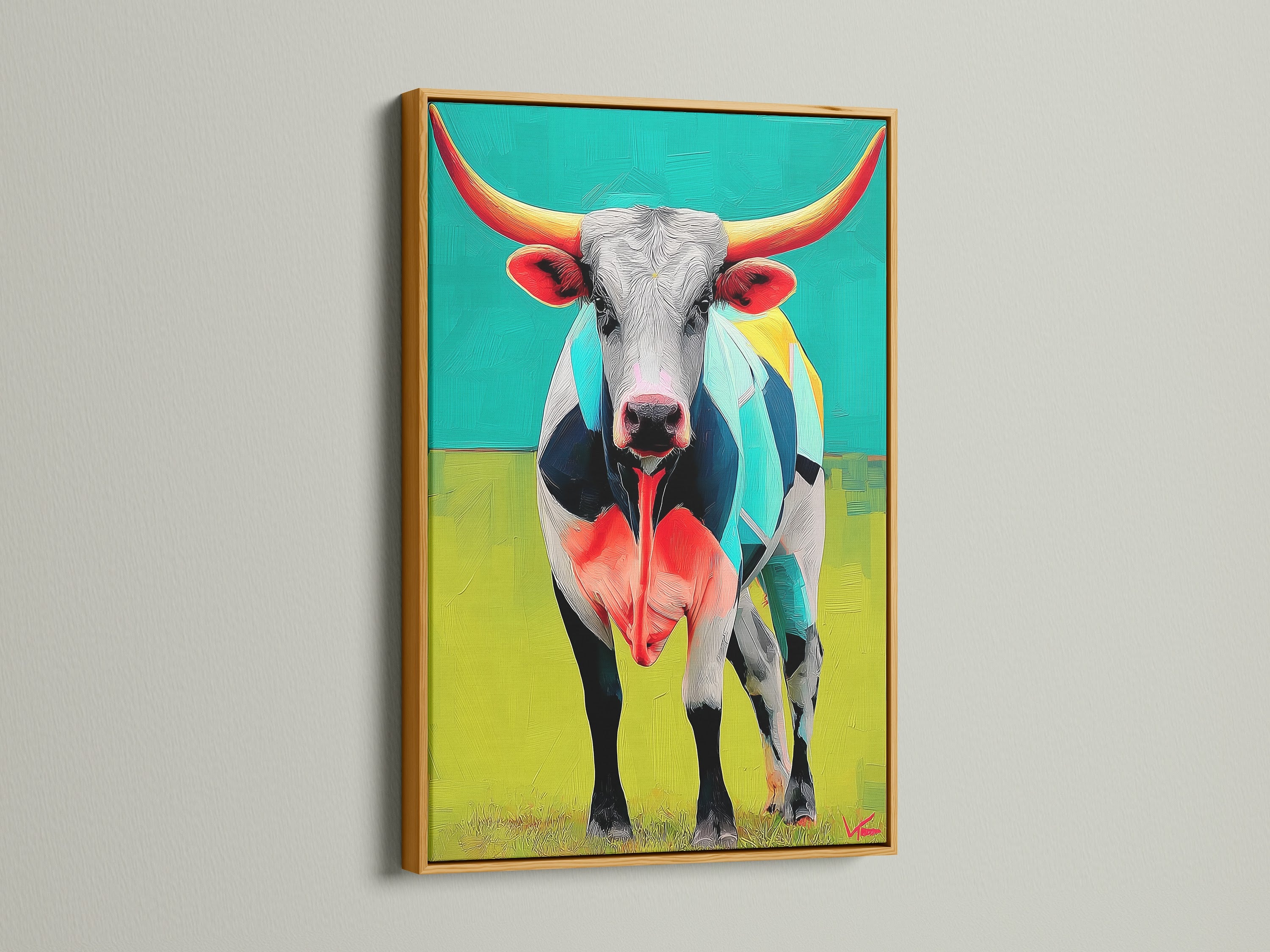 The Longhorn Steer art is presented in a gold frame. The animal canvas is the epitome of luxury. This farmhouse decor radiates warmth. It is ideal for office wall art. The steer painting captures the essence of western art. Elevate your space with this stunning contemporary artwork.