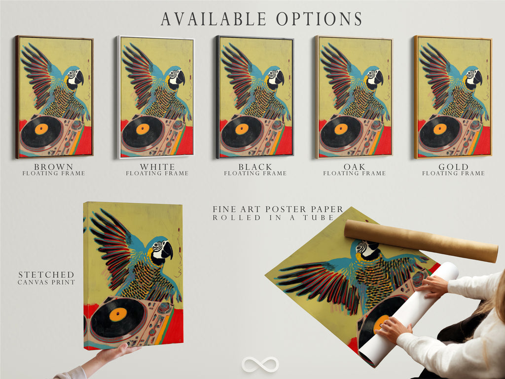 Available options are displayed: stretched canvas print fine art poster paper and floating frame. Choose your preferred format for the parrot DJ artwork. Customize your art to match your style. Explore all options now.