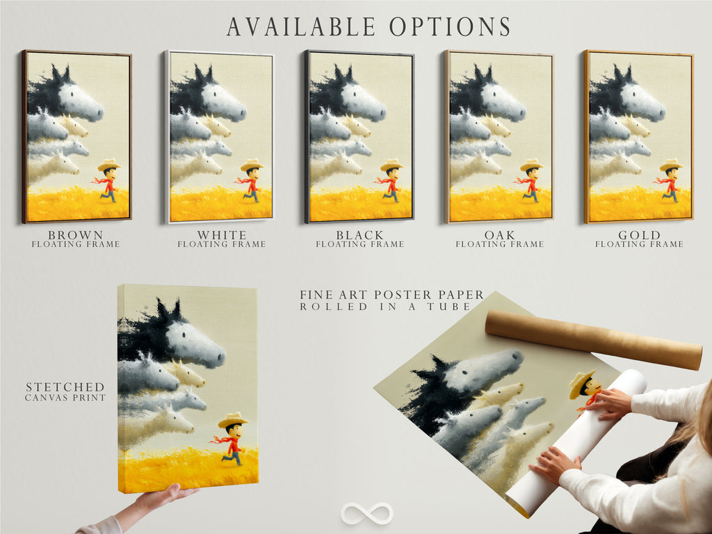 Available options include a stretched canvas print. Fine art poster paper is also available. A floating frame is another option. Choose what best fits your style and space.