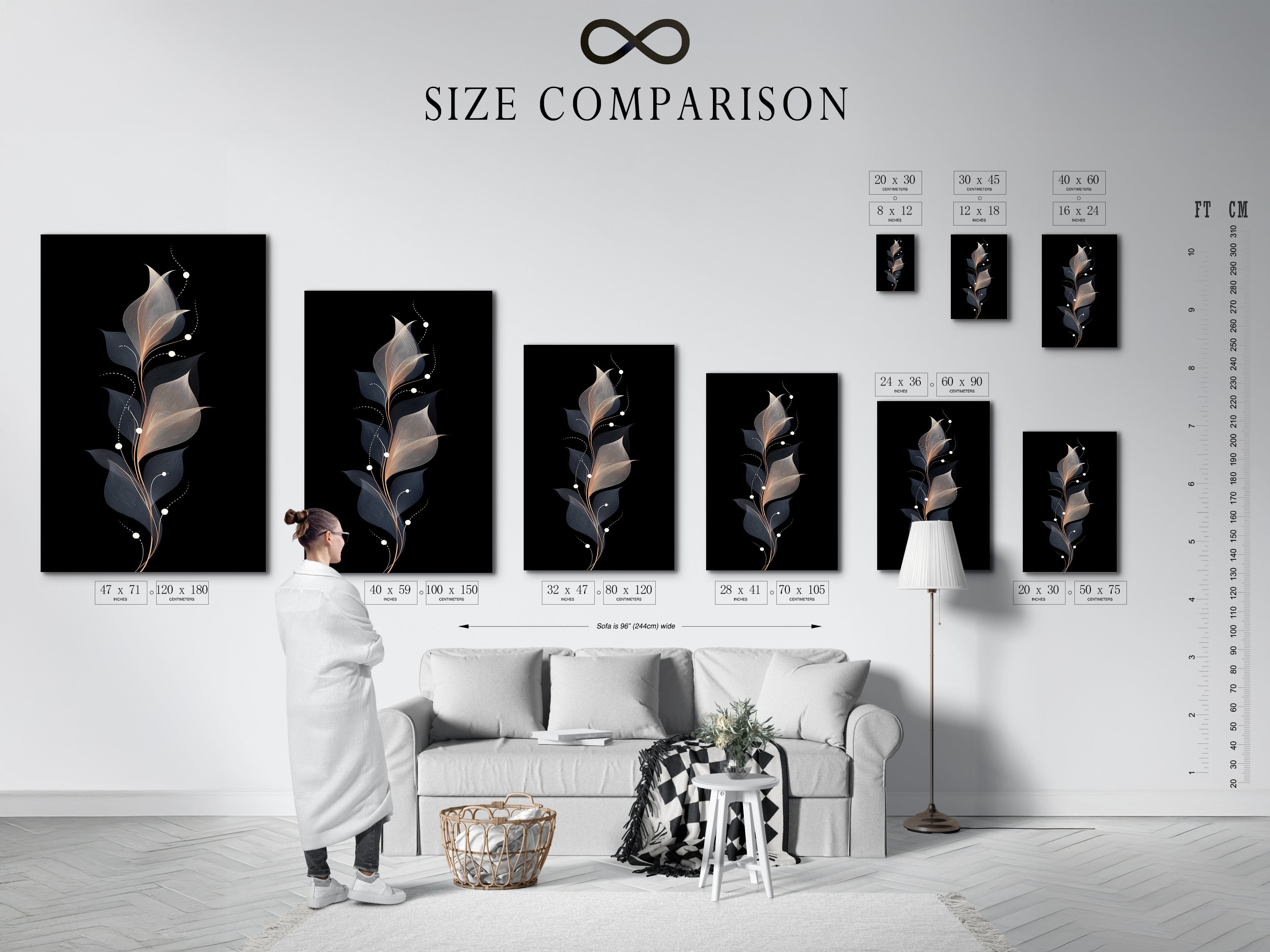 Size comparison chart in an interior setting. See the floral line art canvas print size options. The abstract flower wall art is modern botanical artwork. It's perfect for a bedroom. Minimalist art with neutral tones.