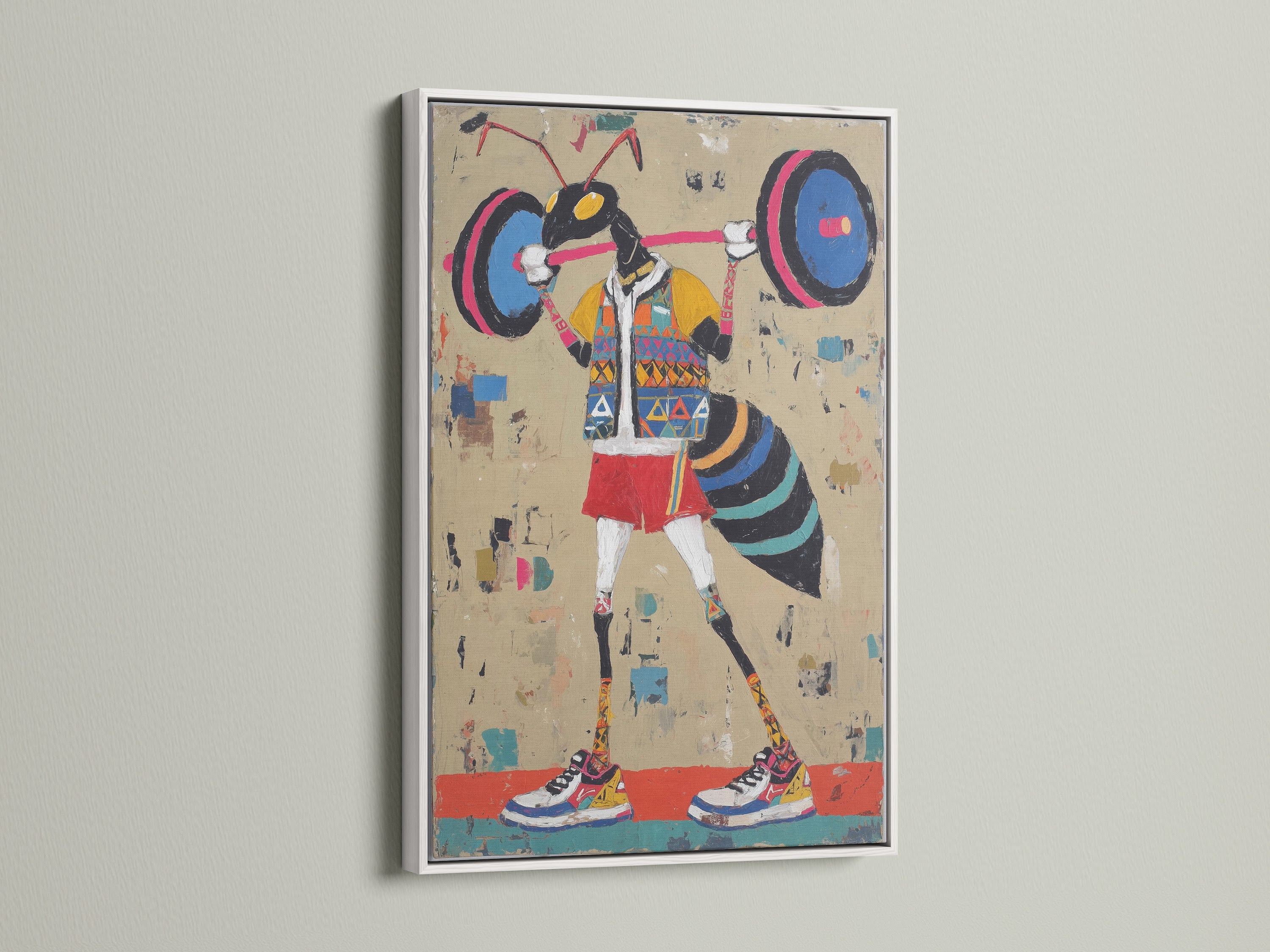 Weightlifter artwork is displayed in a clean white frame. This gym wall decor enhances any home gym. The fitness art print provides workout motivation. This retro sports art piece is ideal for eclectic or minimalist styles. The artwork brings a playful touch to your living space. Consider this for home gym decor or playroom wall art.