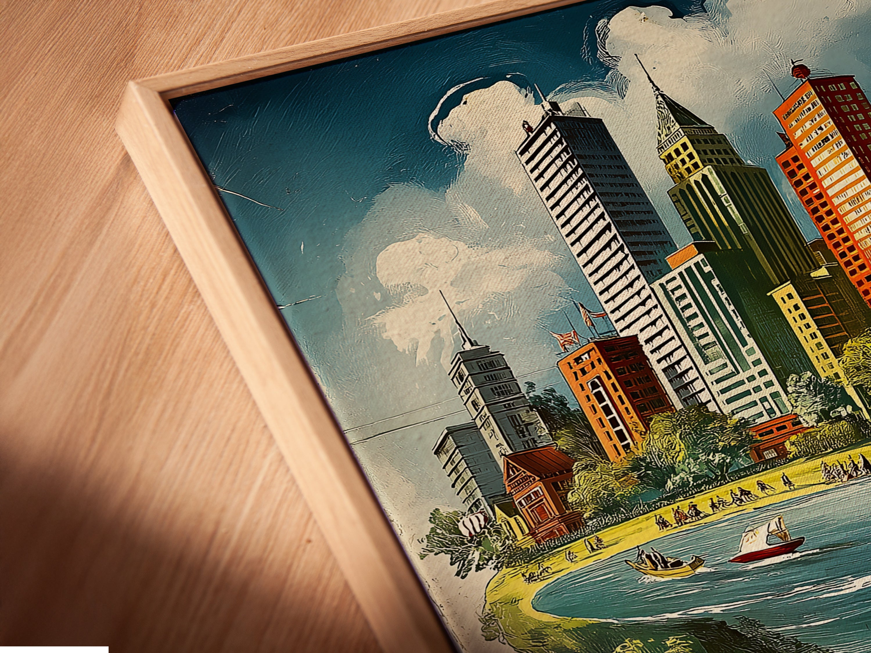 A close-up angled view of a canvas print in a floating frame. The cityscape island artwork showcases a whimsical metropolis. The floating frame adds depth and dimension. This unique wall art enhances the artwork's modern appeal. It makes it perfect for contemporary spaces. It is a stylish decor option.
