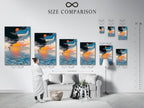 Size comparison chart in an interior setting. The aviation travel poster is available in various sizes. Find the perfect fit for your space. The abstract sunset wall art is versatile.