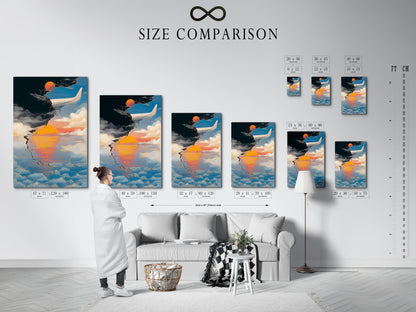 Size comparison chart in an interior setting. The aviation travel poster is available in various sizes. Find the perfect fit for your space. The abstract sunset wall art is versatile.