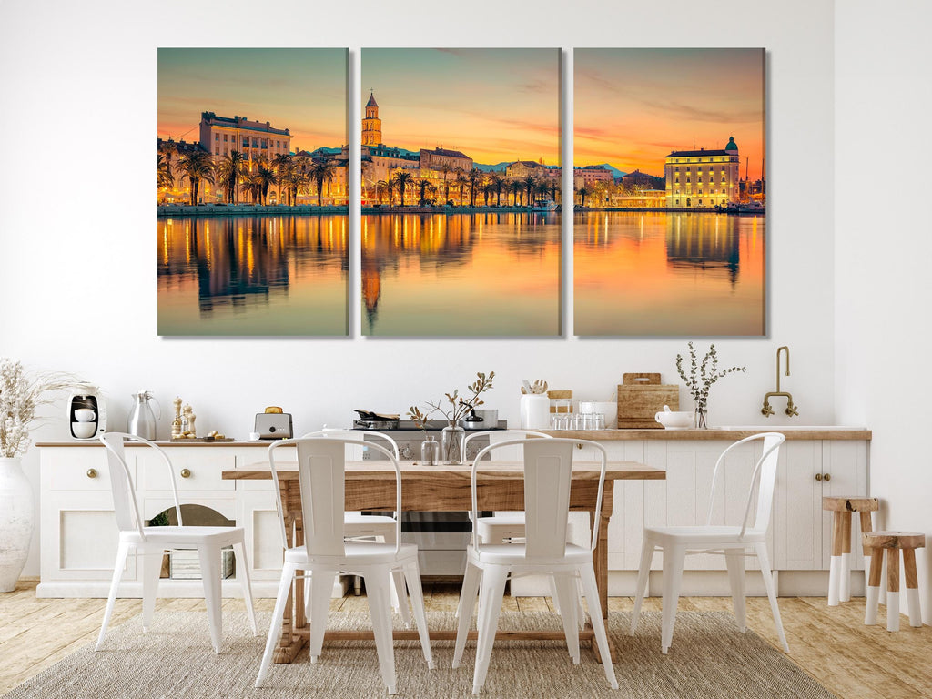 Split Croatia Cityscape Wall Art, Sunset Canvas Print, Coastal City Decor, Modern 5 Panel Artwork, Mediterranean Landscape Canvas Art Print