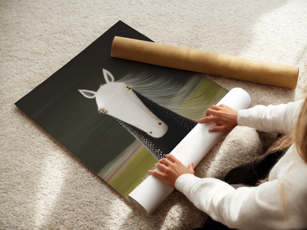 A woman rolls a fine art poster paper featuring a horse portrait. This paper offers a versatile option for displaying minimalist equestrian artwork. Perfect for modern farmhouse decor. Ideal for any horse lover's collection.