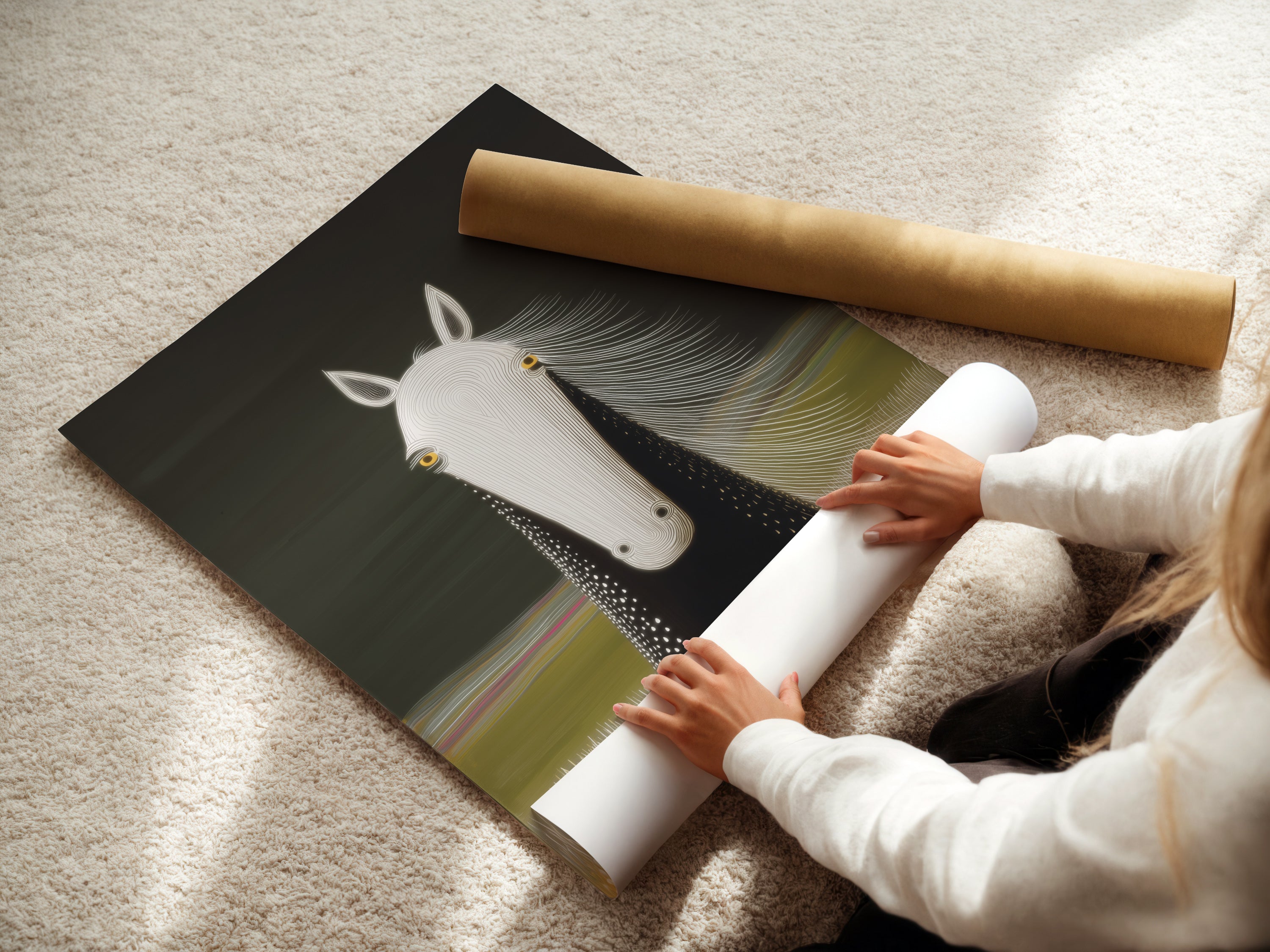 A woman rolls a fine art poster paper featuring a horse portrait. This paper offers a versatile option for displaying minimalist equestrian artwork. Perfect for modern farmhouse decor. Ideal for any horse lover's collection.