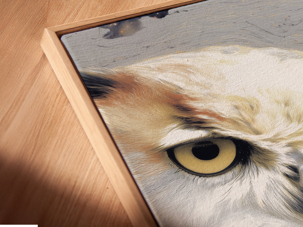 A close up angled shot reveals a canvas print in a floating frame. The owl artwork is a modern wildlife canvas. This contemporary bird artwork is elegantly displayed. The floating frame enhances the art creating a sophisticated gallery-like appearance in any room.