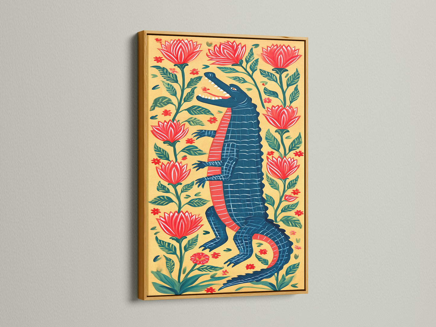 Alligator artwork displayed in a gold frame. This striking print features a standing alligator surrounded by red flowers and foliage. The gold frame enhances the artwork's vibrant colors. This is a luxurious touch to your walls.