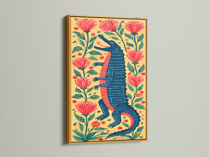 Alligator artwork displayed in a gold frame. This striking print features a standing alligator surrounded by red flowers and foliage. The gold frame enhances the artwork's vibrant colors. This is a luxurious touch to your walls.