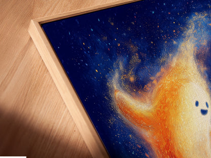 A close-up angled view of the canvas print in a floating frame. The cute ghost artwork looks fantastic in the floating frame. The playful art enhances the whimsical print. This ghost art is perfect for kids' room decor. The spirit artwork brings fantasy to children art. Ideal for nurseries and play areas.