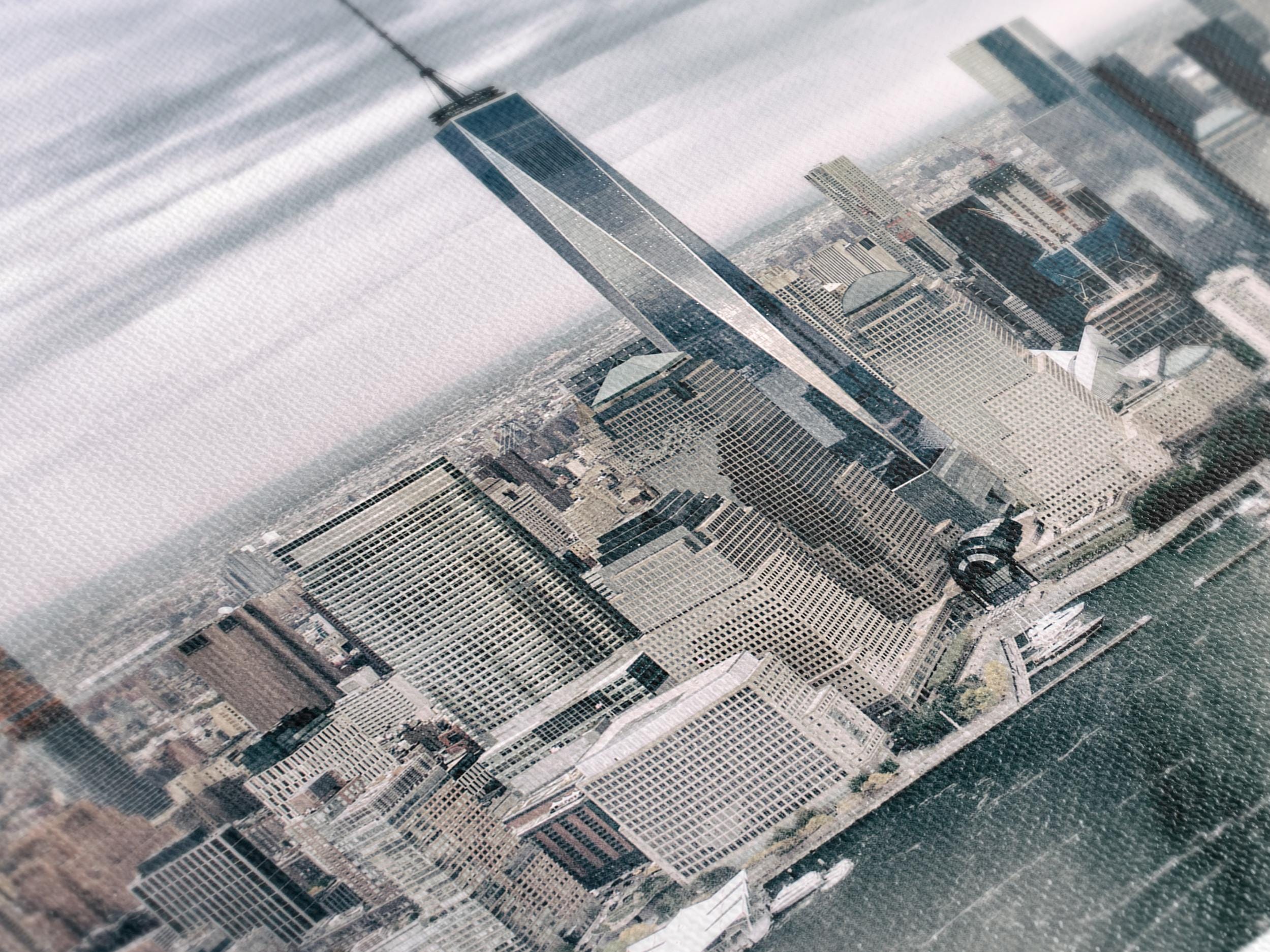 Striking metropolitan artwork highlighting silhouettes of skyscrapers against a subdued sky, transformed into a minimalist canvas print for modern décor.