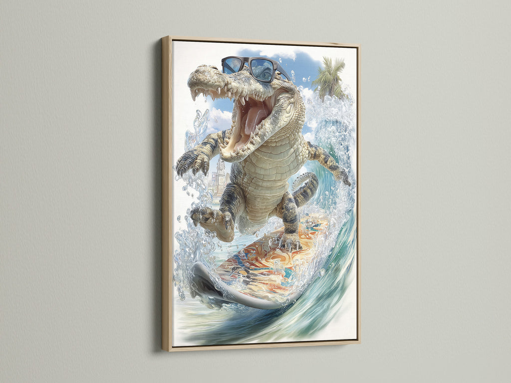 A close-up showcasing an oak frame enhancing the alligator wall art. The cool animal print is a tropical canvas perfect for beach house decor. This funny animal art also suits a kids room adding character.