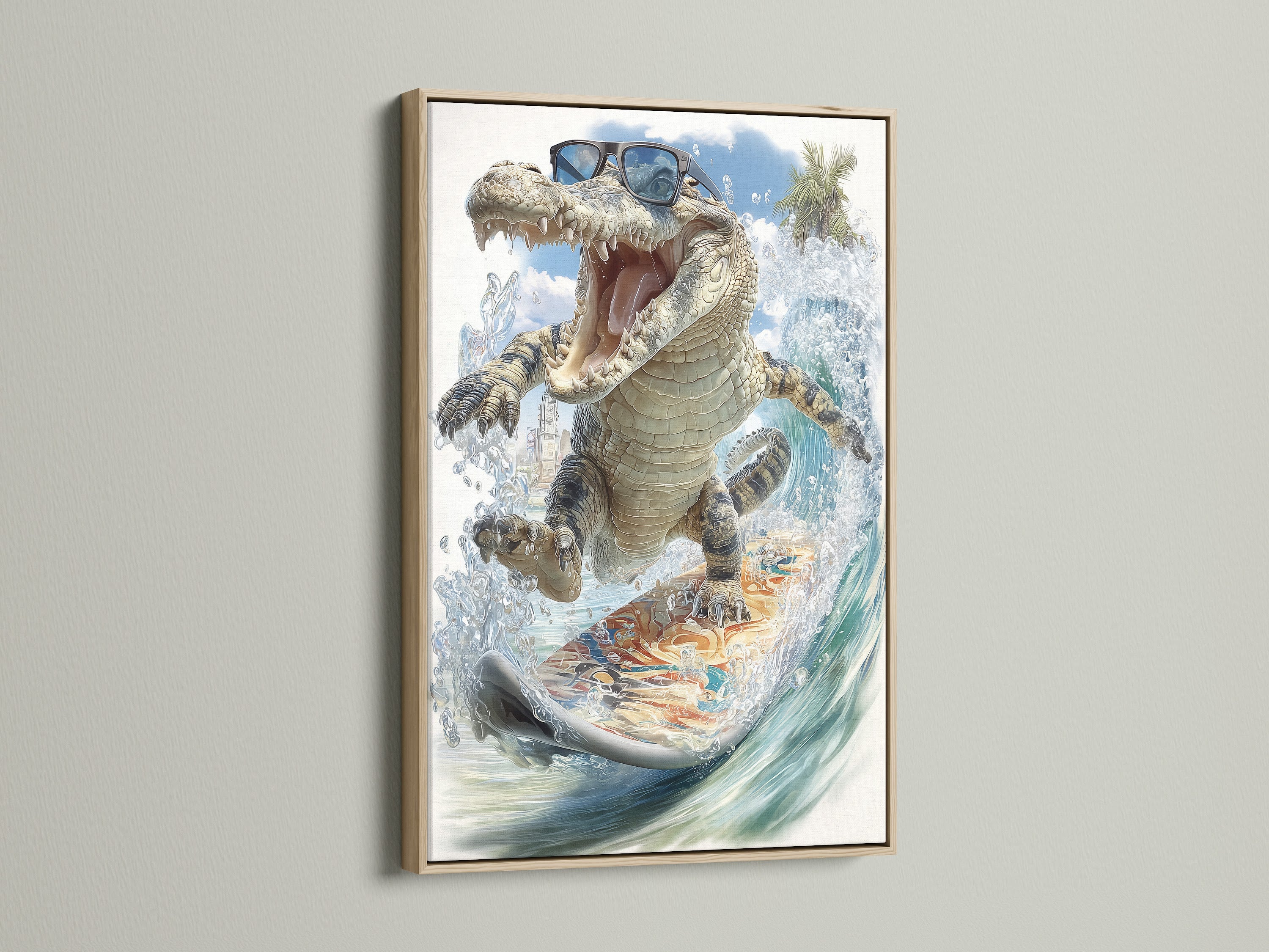 A close-up showcasing an oak frame enhancing the alligator wall art. The cool animal print is a tropical canvas perfect for beach house decor. This funny animal art also suits a kids room adding character.