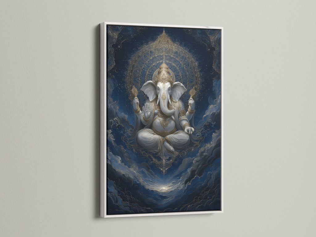 Ganesha artwork with a white frame. This sacred art print brings Indian mythology to life. It's ideal for a yoga studio or home decor. The elephant god art adds a minimalist yet spiritual touch to your space.