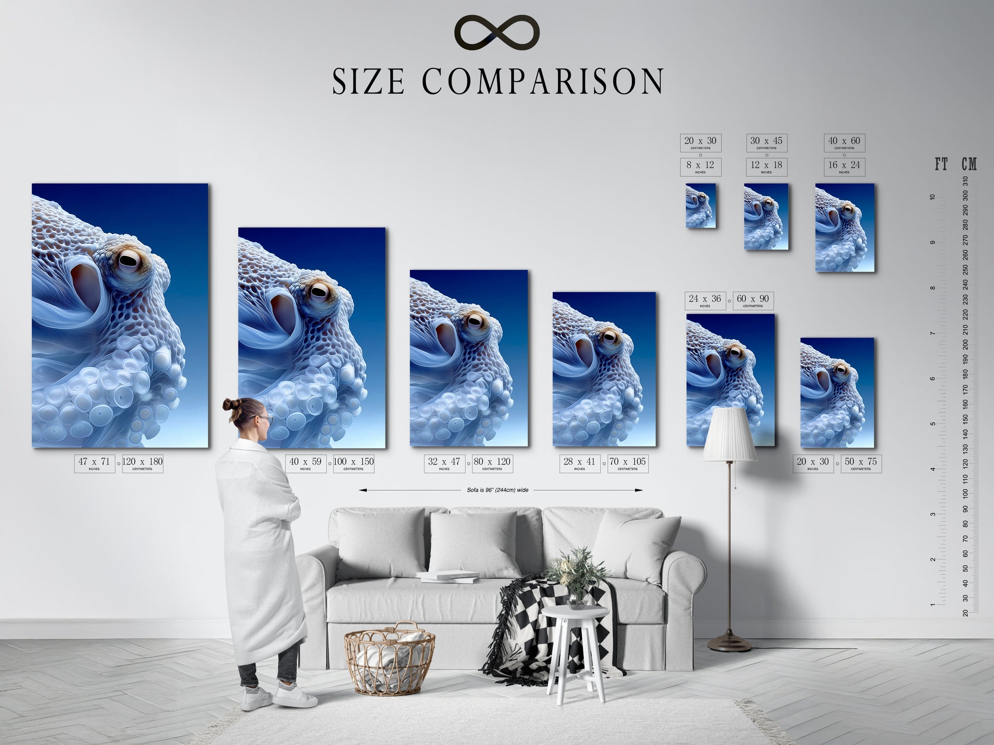 The image presents a size comparison chart in an interior setting. This chart helps visualize how different sizes of the octopus art print will look in your space. It takes the guesswork out of choosing the perfect piece for your home. Ensure the perfect fit for your coastal artwork.