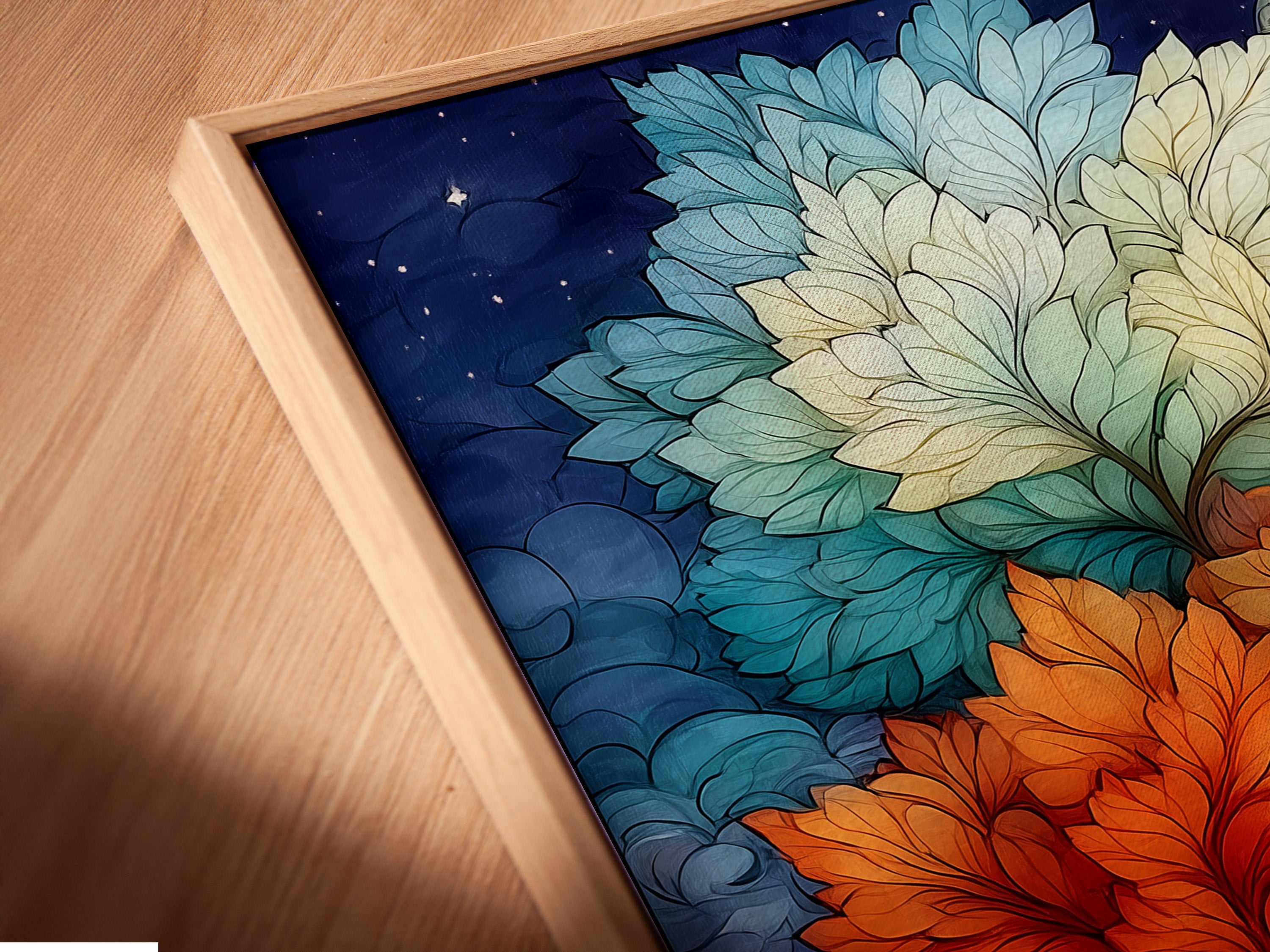 A close-up angled view shows a canvas print of a magical tree artwork in a floating frame. The artwork features a colorful nature scene with a fantasy moon. This whimsical art is perfect for adding a unique touch to your space. Ideal for homeowners renters and interior stylists.