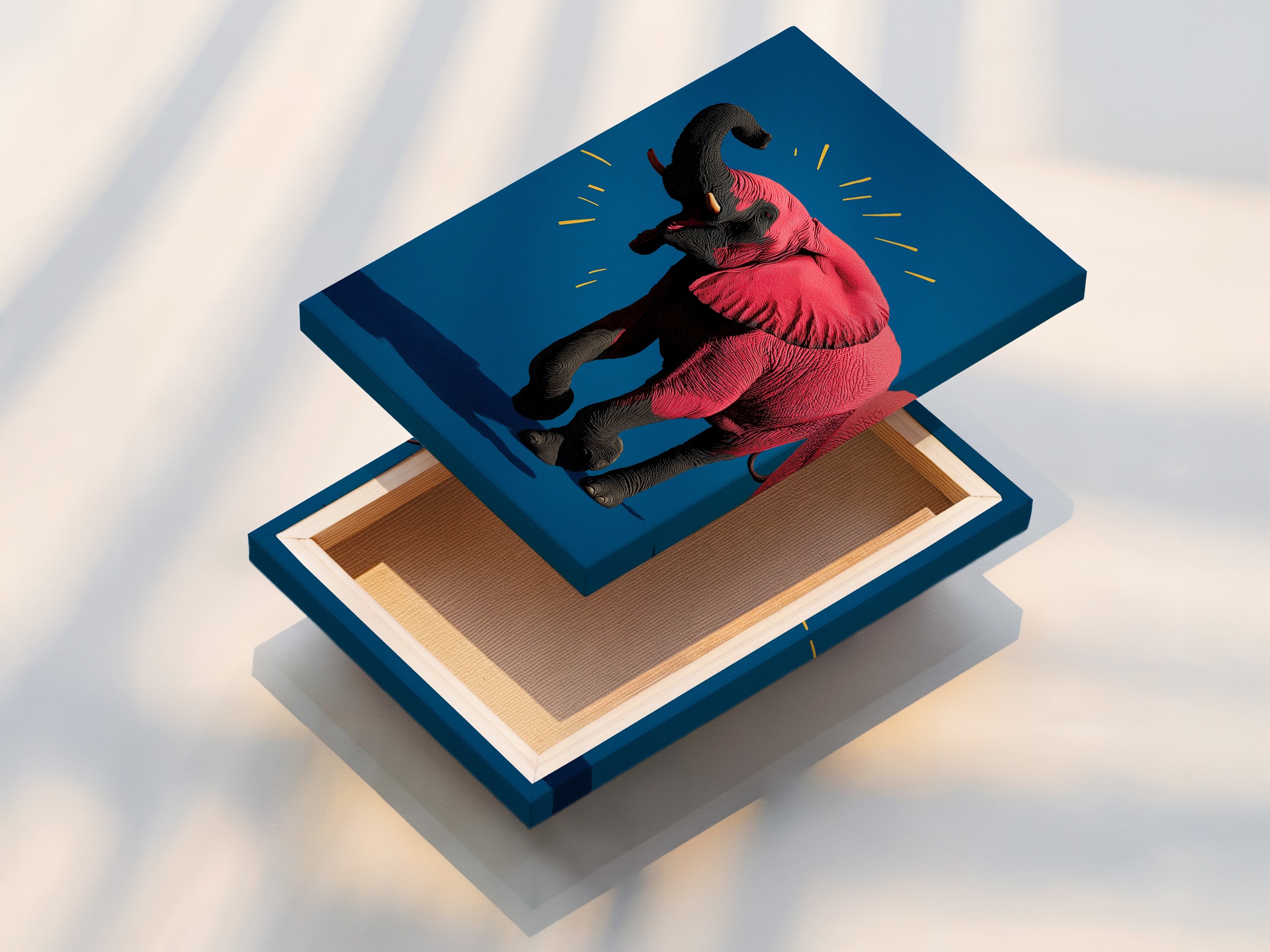 A stretched canvas print showcases a vibrant pink elephant artwork. This contemporary animal print is ready to hang and adds a modern touch to any room. Perfect for nursery or office decor this pop art canvas is sure to brighten up your space. The stretched canvas ensures a gallery-quality look.