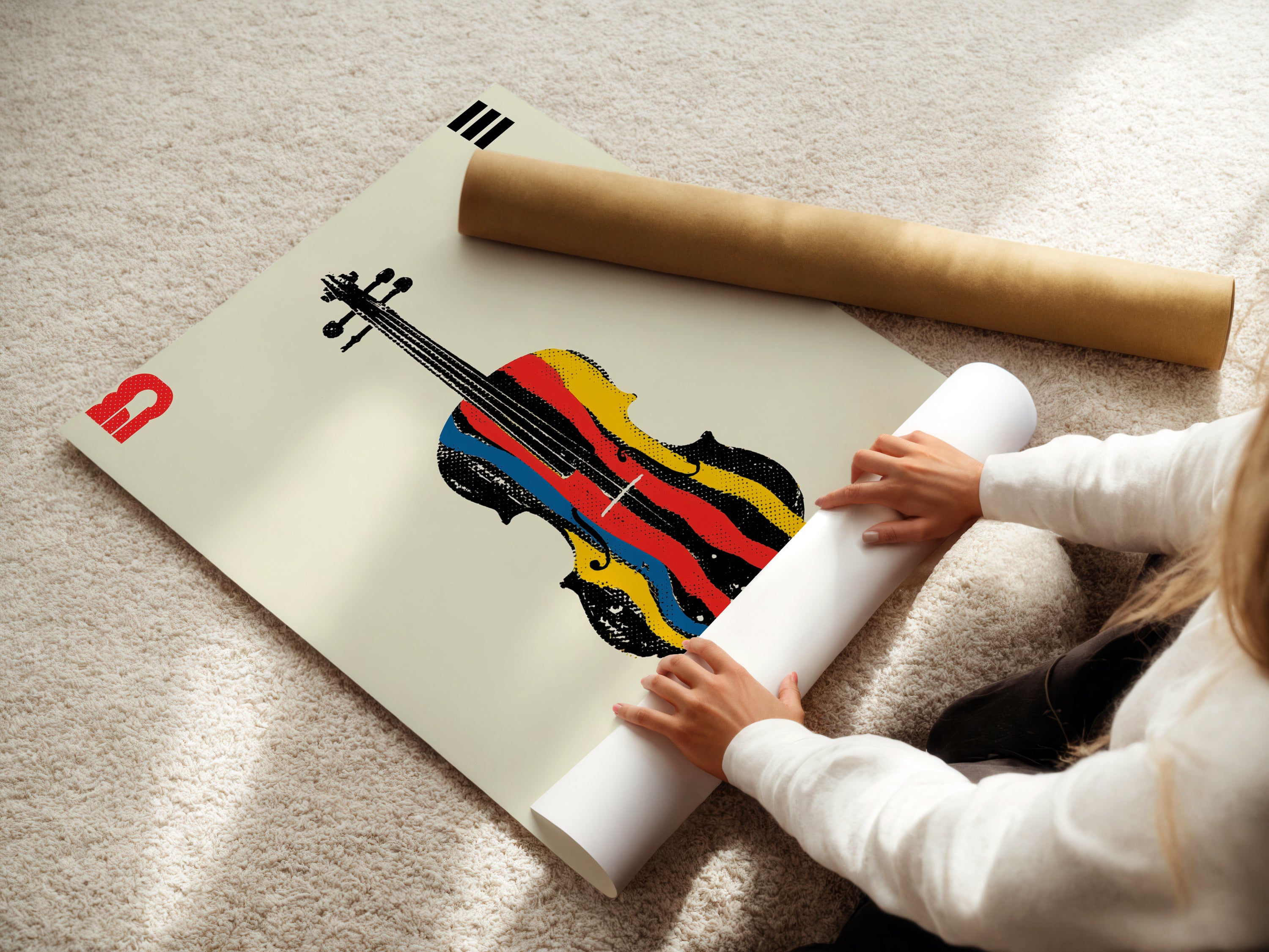 A woman is carefully rolling a fine art poster paper. This ensures the abstract violin artwork remains pristine. This colorful orchestra art print is perfect for any music room. It is ready to be framed and displayed in your home