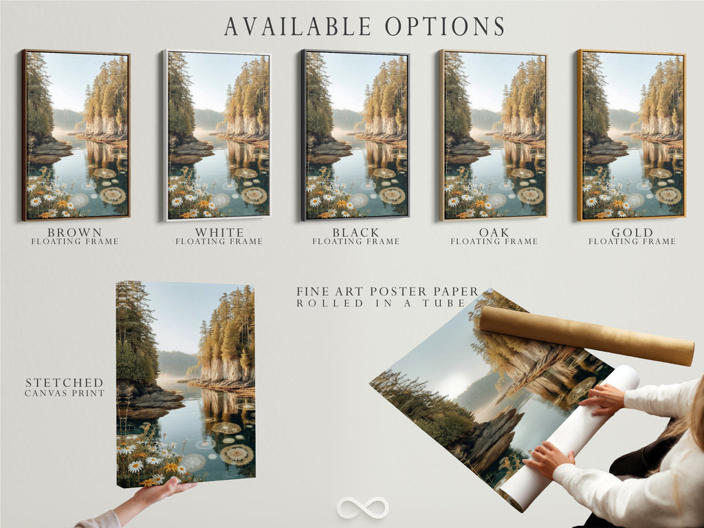 Explore available options for your lake reflection art. Choose from stretched canvas prints fine art poster paper or floating frames. Find the perfect style to complement your bedroom wall decor. Elevate your space with personalized artwork today.