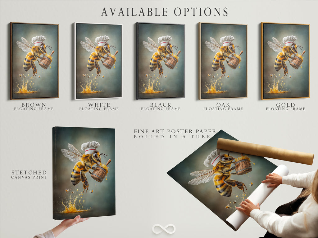 Explore available options for the Chef Bee artwork. Choose from a stretched canvas print fine art poster paper or a floating frame. Customize your art to match your style. Perfect for kitchens dining rooms and restaurants.