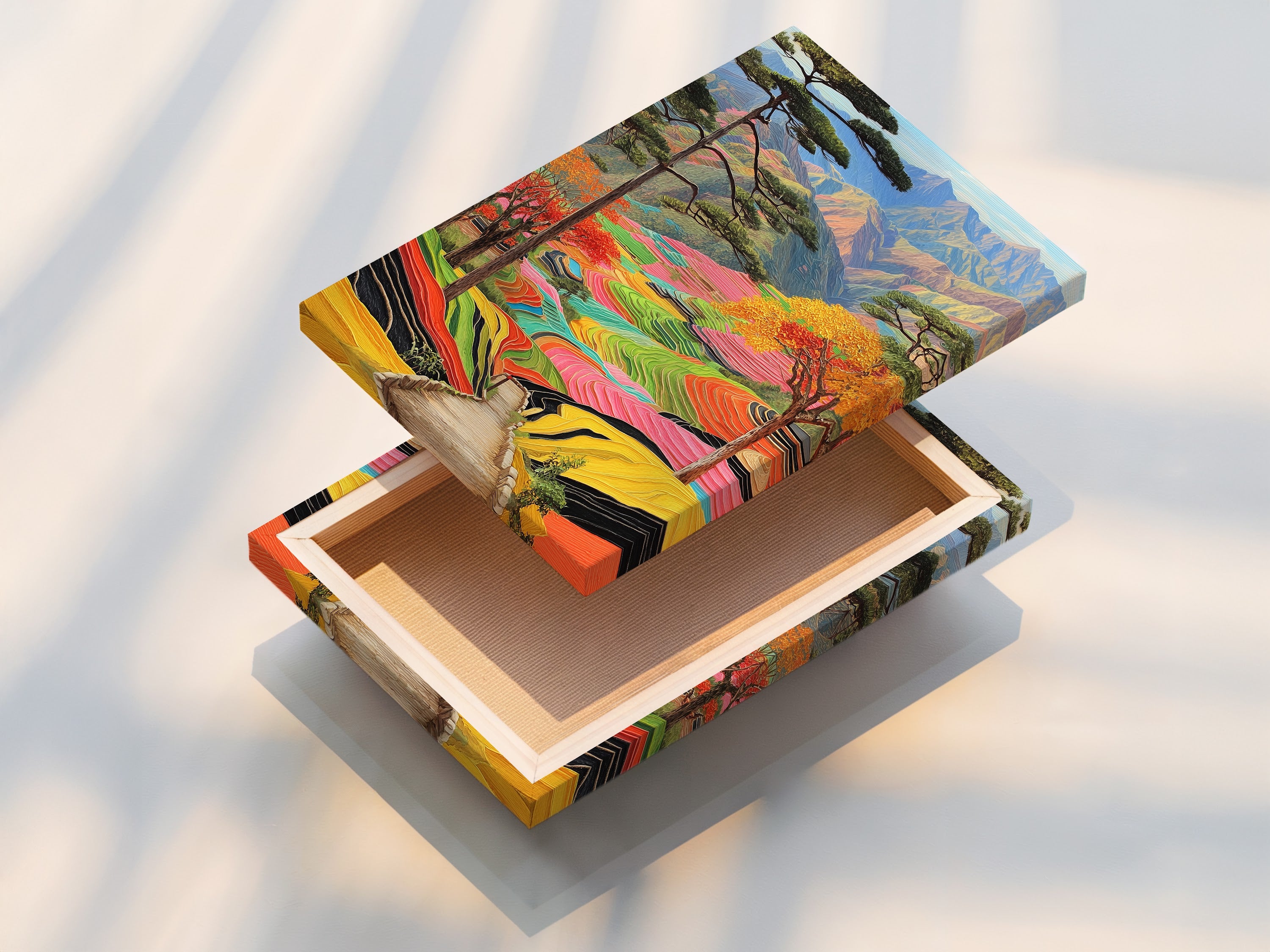 A stretched canvas print of terraced rice fields. The colorful mountain landscape is ready to hang. The canvas print provides a gallery-quality look. It is ideal for landscape prints.