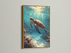 This gold frame adds a luxurious touch to the sea turtle artwork. The marine life poster is displayed elegantly. It is an ideal addition to upscale coastal or beach decor. Elevate your walls with this stunning piece.