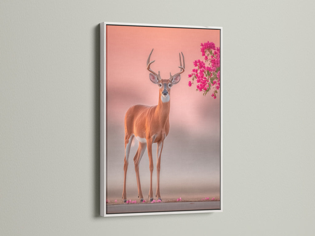 White frame showcases deer artwork beautifully. Whimsical wildlife canvas art is presented. Pink floral antlers create a calming effect. Nature photography print is elegantly framed. The white frame suits minimalist spaces. Deer artwork brings a fresh touch to your home.