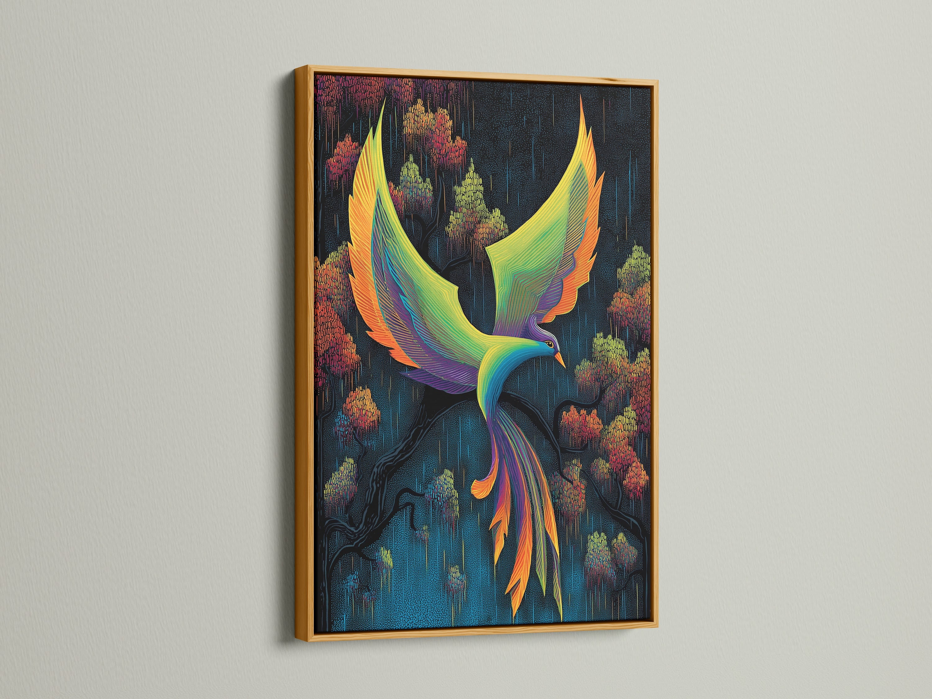Phoenix Bird artwork displayed in a gold frame. The abstract piece uses a teal and orange color palette. The colorful phoenix print brings life to any room. This mythical bird art enhances modern wall decor. A great choice for bedroom art.