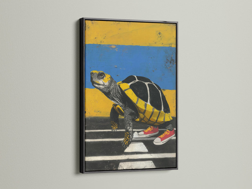 The 'Turtle Sneakers' artwork is presented in a sleek black frame. This contemporary art piece features a turtle wearing sneakers. It adds a modern whimsical touch to your decor. Perfect for those seeking unique animal wall art. The primary color is yellow with blue accents.