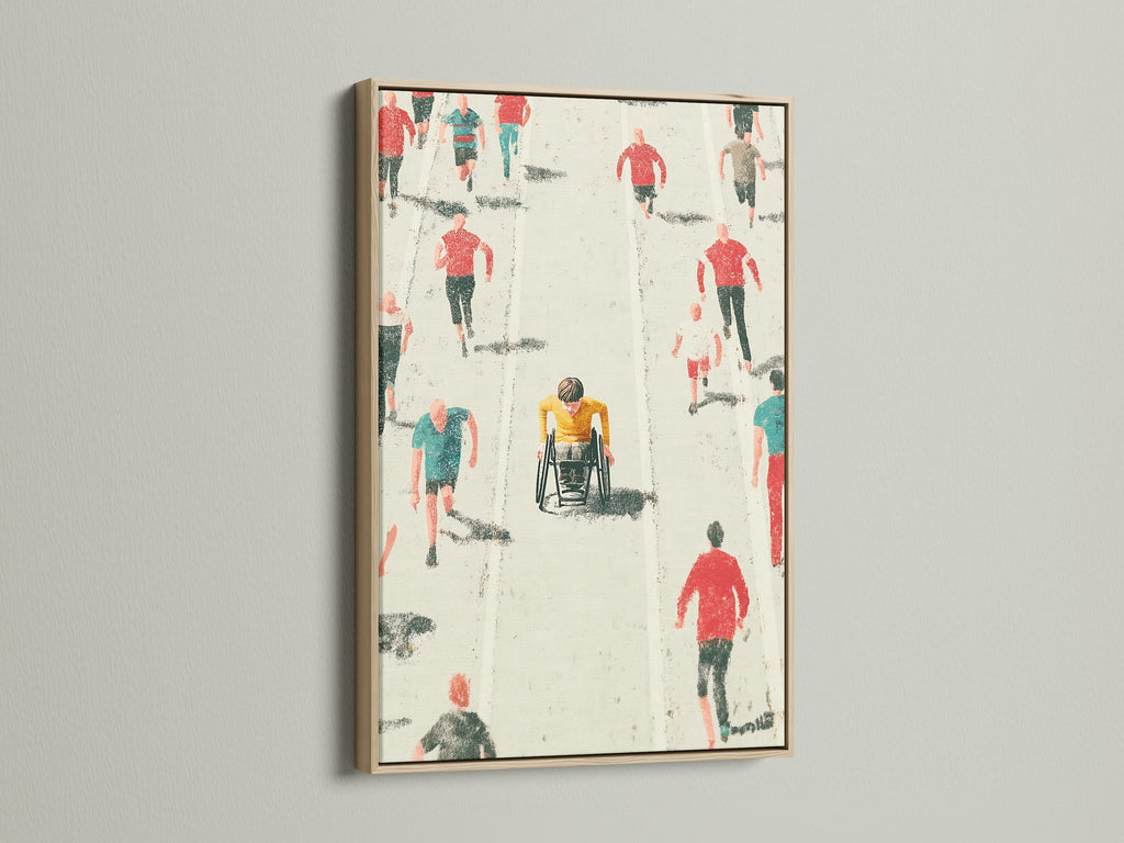 Marathon Runners artwork with an oak frame. The piece depicts a wheelchair racer surrounded by runners. This sports-themed artwork brings a minimalist touch to your decor. It is ideal for adding an inspirational element to a living room or office space. It is perfect for sports enthusiasts.