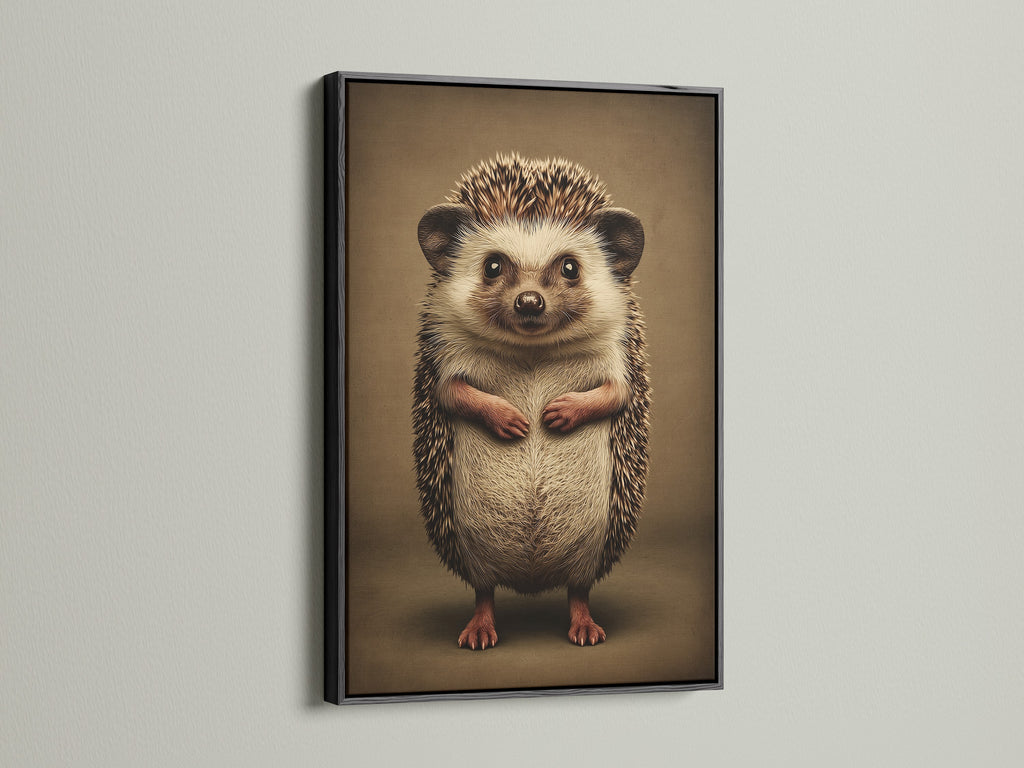 Hedgehog wall art in a black frame. A cute wildlife poster for kids room decor. This animal nursery art will add a unique touch. Ideal for homeowners and interior decorators seeking neutral wall art.