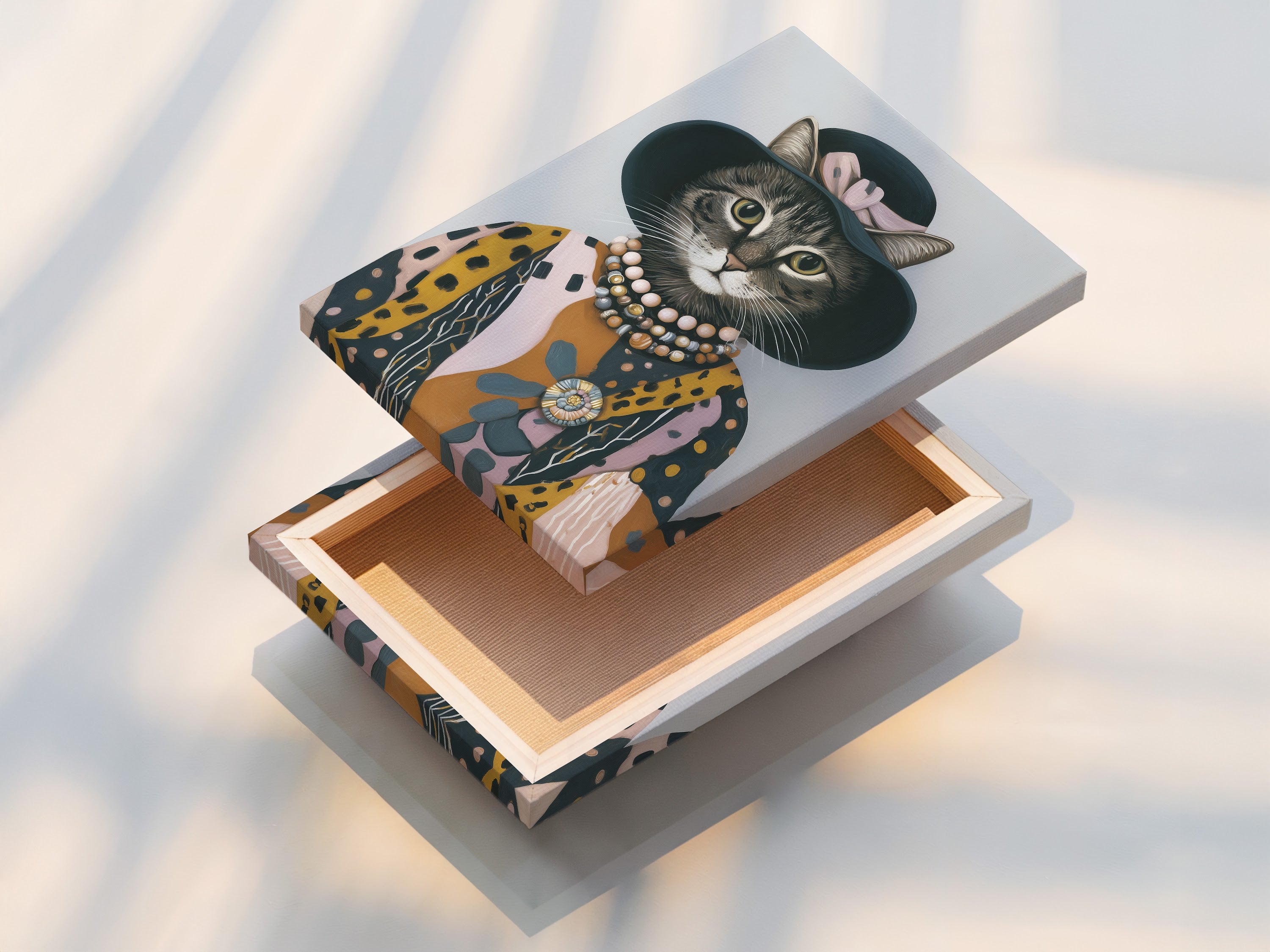 A stretched canvas print of vintage cat art. The dressed cat print is ready to hang. The animal portrait art is perfect for eclectic wall art. This cat canvas print is great for home or office decor.