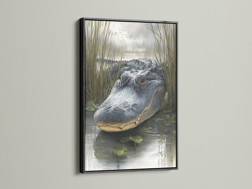 Artwork featuring an alligator in a black frame. A black frame gives a bold and sophisticated look. The dark frame makes the colors pop. See how a black frame enhances art.