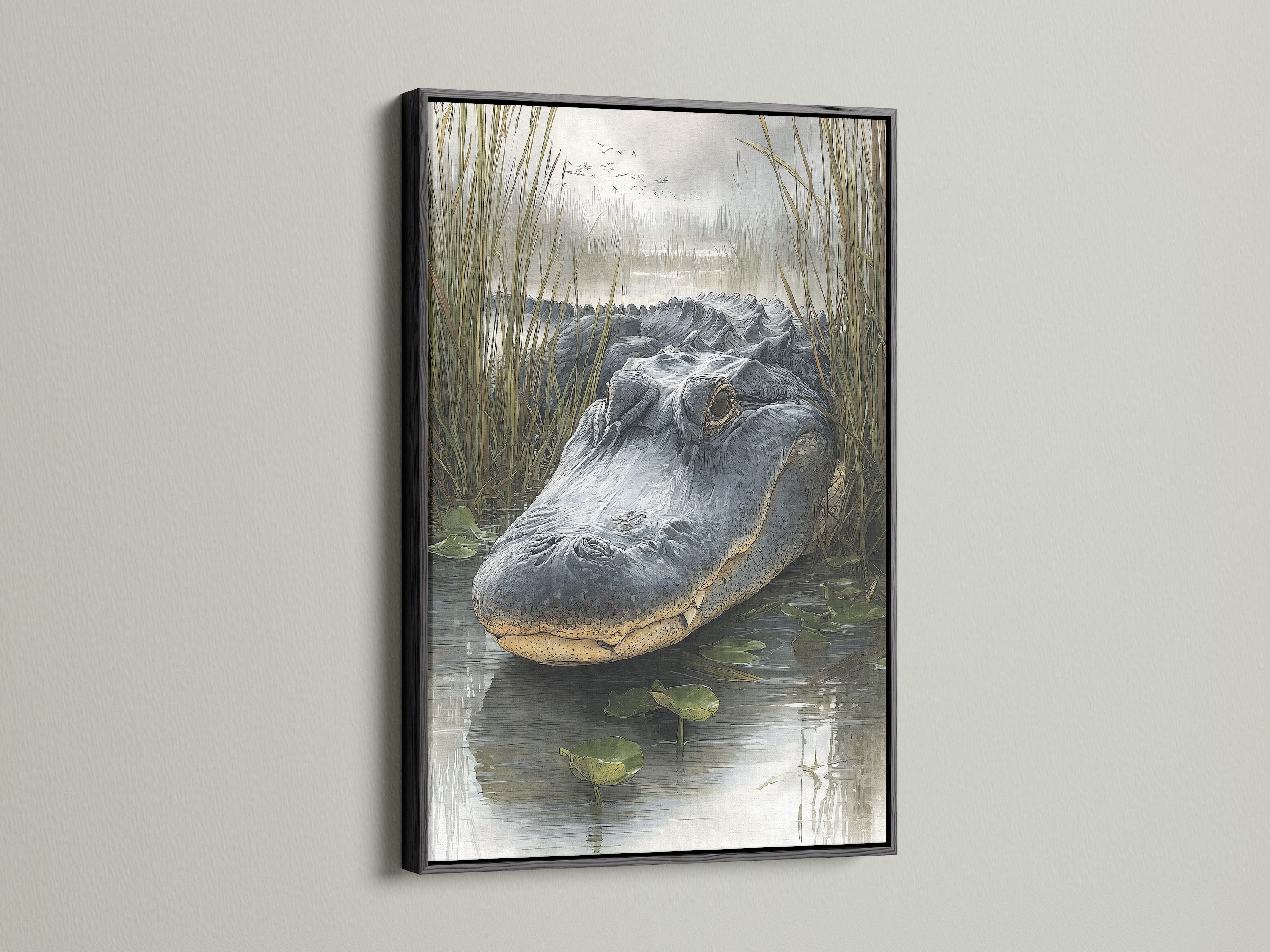 Artwork featuring an alligator in a black frame. A black frame gives a bold and sophisticated look. The dark frame makes the colors pop. See how a black frame enhances art.