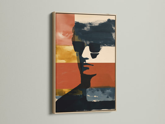 The abstract portrait canvas print is displayed in an oak frame. This modern wall art piece uses bold color blocks. The contemporary artwork is ideal for urban and industrial-style interiors. Discover art for your space.
