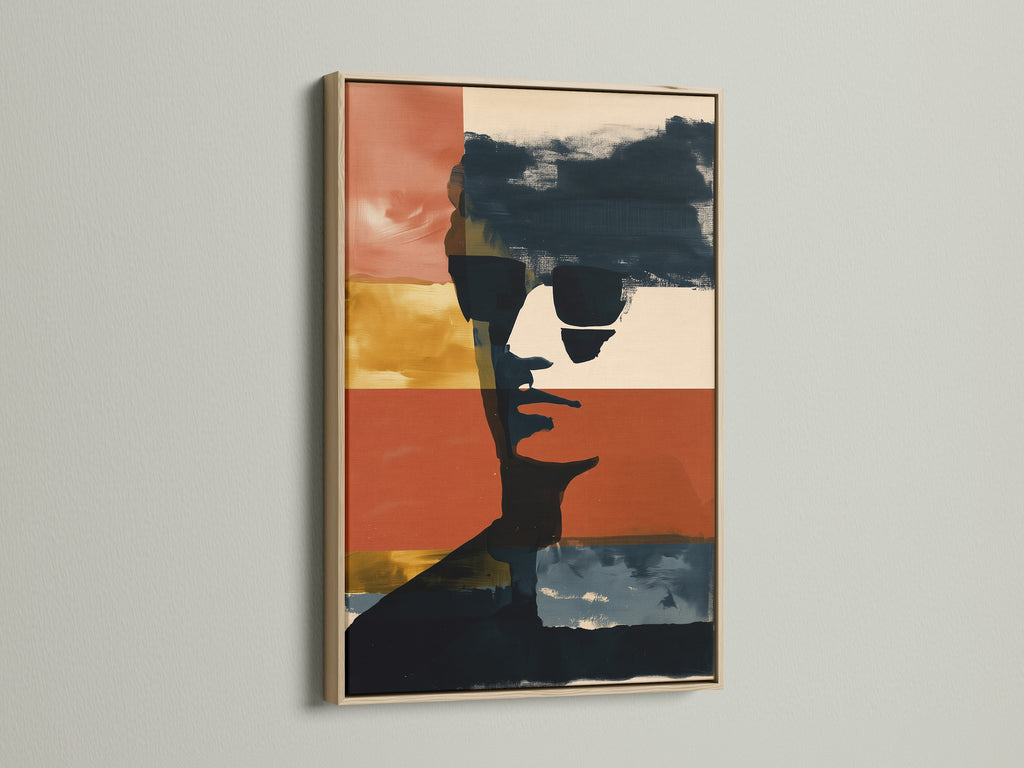 An oak frame displays a striking abstract portrait. This modern wall art uses bold color blocks. It's perfect for adding a contemporary touch to any room. The artwork is suitable for living rooms bedrooms offices studios and man caves. A great piece for art collectors and homeowners