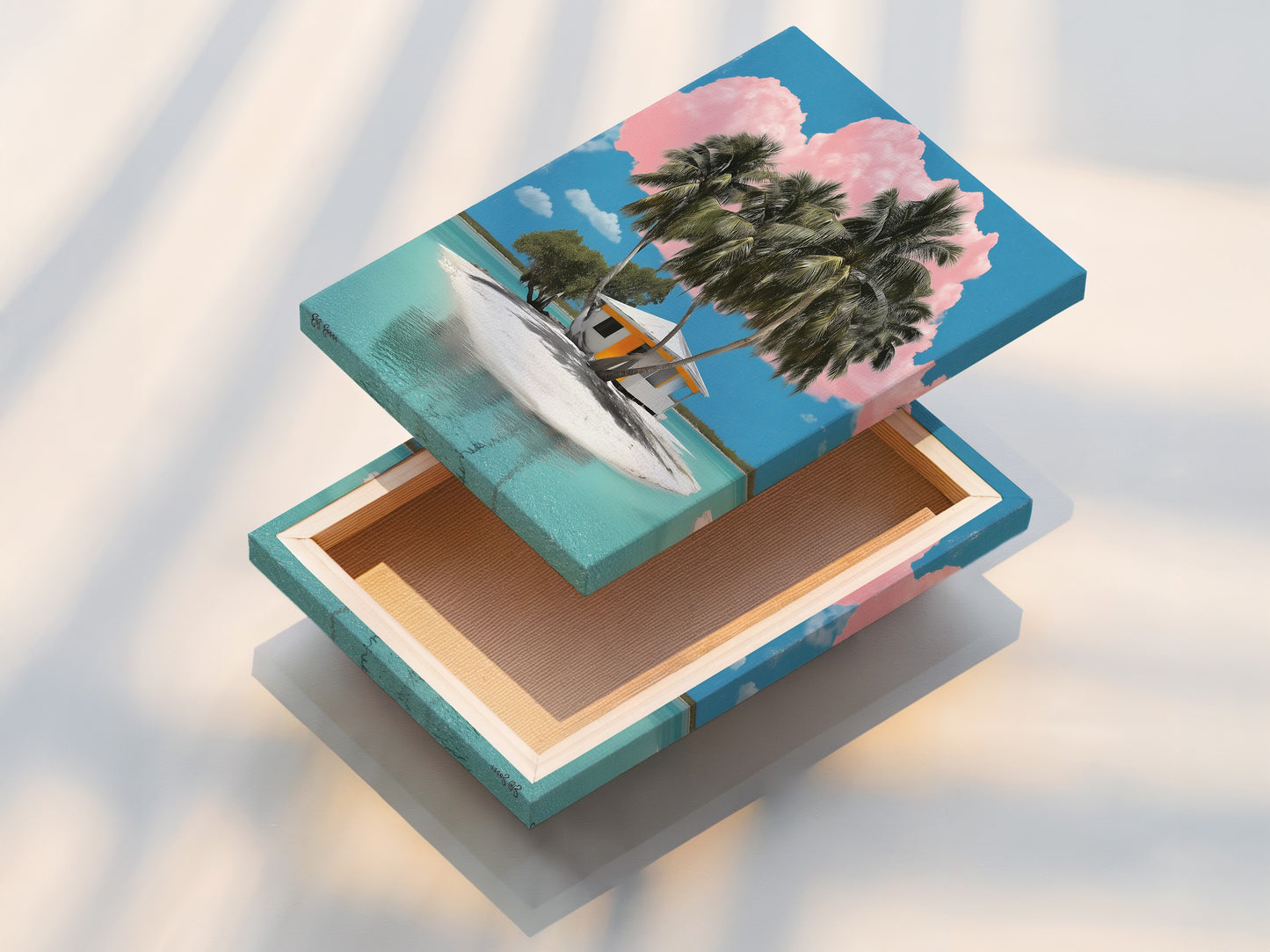 A stretched canvas print displaying our tropical island artwork. The stretched canvas provides a ready to hang piece of art. The artwork features palm trees a beach house and turquoise waters. Perfect for adding a touch of paradise to your home decor.